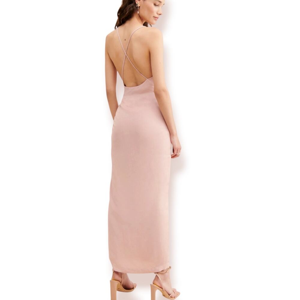 Anthropologie Ruched Asymmetrical Dress Pink Linen Blend Slip Maxi Dress Size 0P - Picture 2 of 12